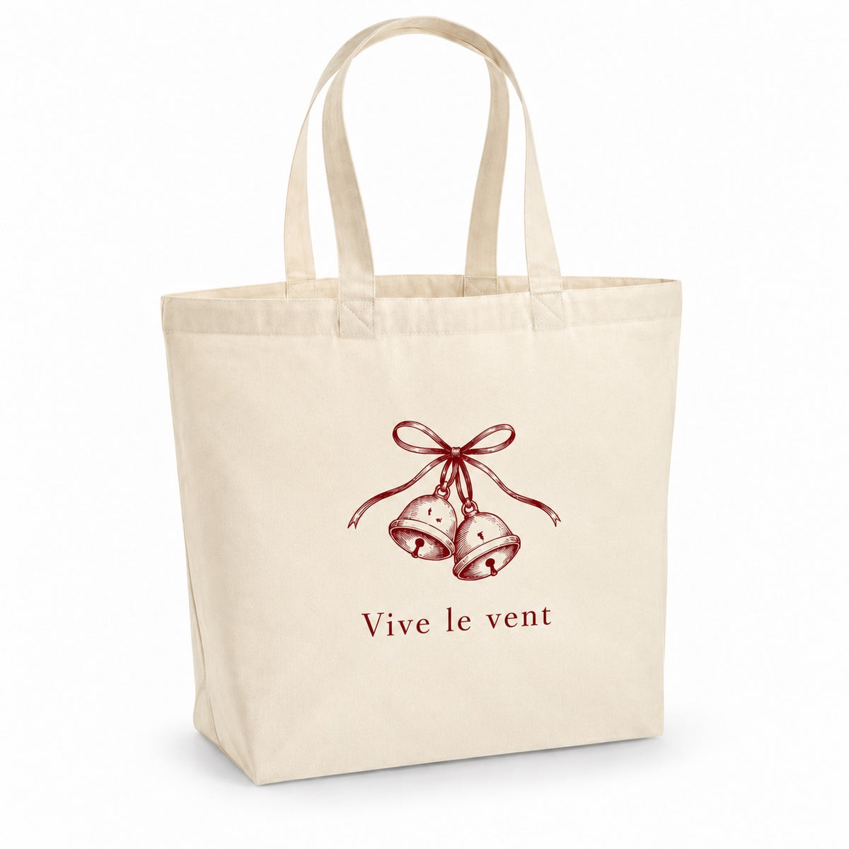 Tote bag de Noël « Vive le vent » Premium, cabas à soufflet en coton naturel 200 g/m² de 18 litres, dessin minimaliste au trait en bordeaux