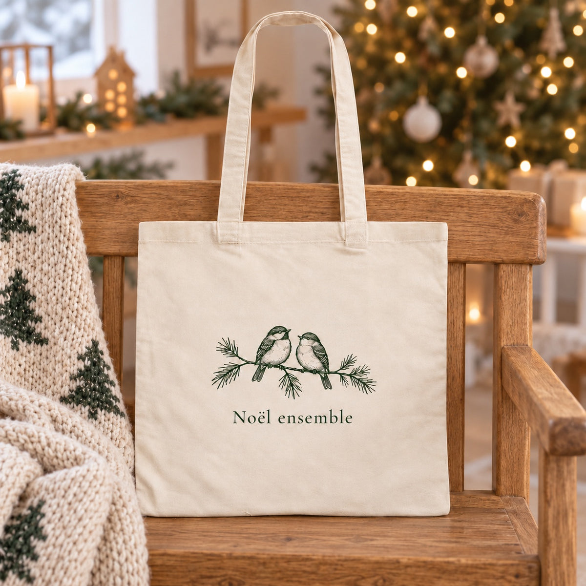 Tote bag de Noël « Noël ensemble » Essentiel appuyé contre un banc près d'un plaid de Noël