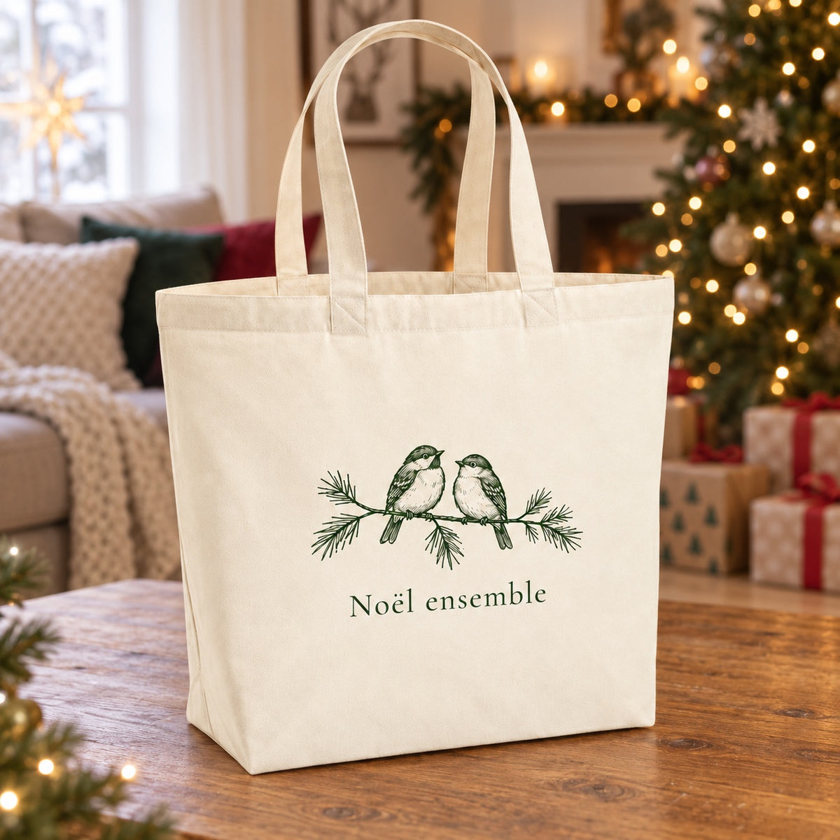 Tote bag de Noël « Noël ensemble » Premium posé sur une table de salon devant le sapin