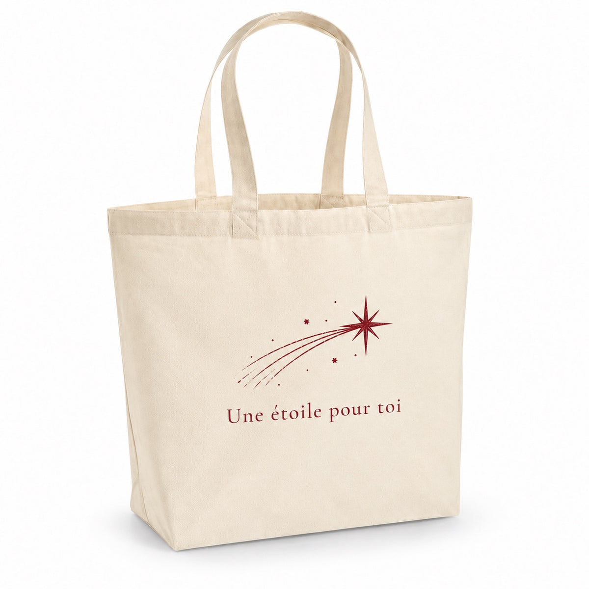 Tote bag de Noël « Une étoile pour toi » Premium, cabas à soufflet en coton naturel 200 g/m² de 18 litres, dessin minimaliste au trait en bordeaux