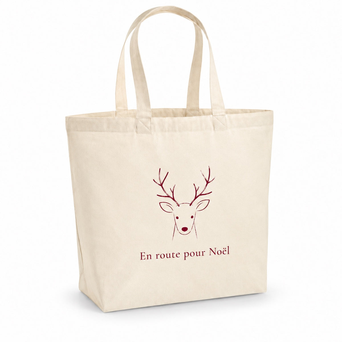 Tote bag de Noël « En route pour Noël » Premium, cabas à soufflet en coton naturel 200 g/m² de 18 litres, dessin minimaliste au trait en bordeaux