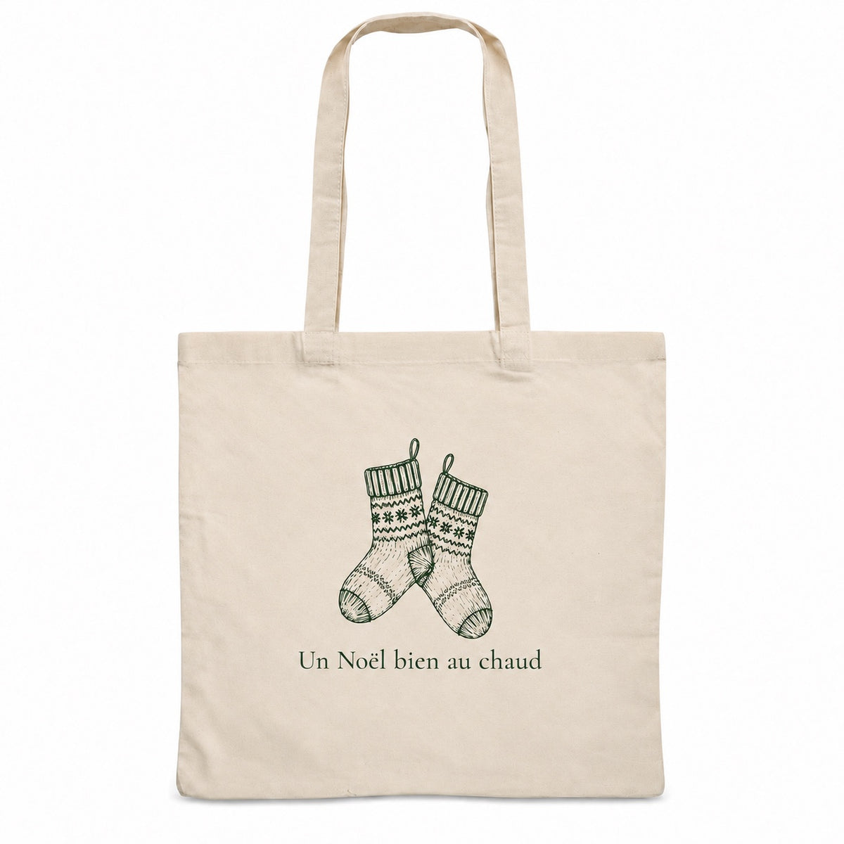 Tote bag de Noël « Un Noël bien au chaud » Essentiel, sac plat en coton naturel 140 g/m² de 38 × 42 cm, dessin minimaliste au trait : des chaussettes en laine, en vert sapin