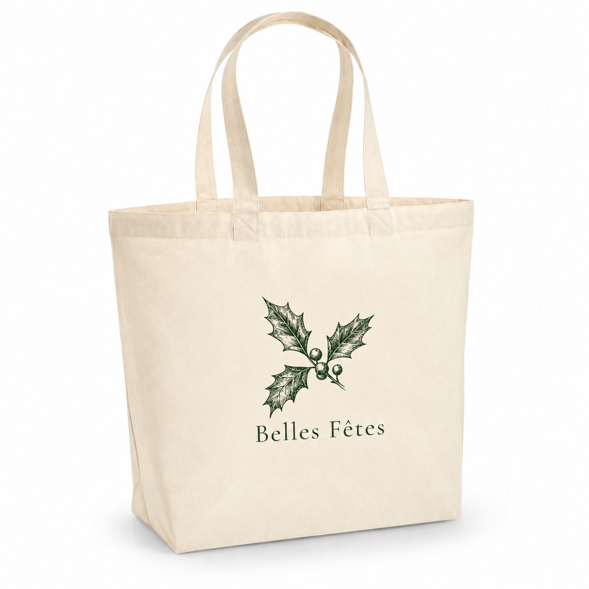 Tote bag de Noël « Belles Fêtes » Premium, cabas à soufflet en coton naturel 200 g/m² de 18 litres, dessin minimaliste au trait en vert sapin