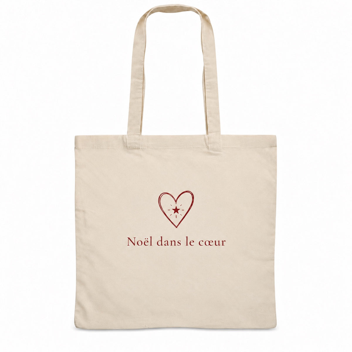 Tote bag de Noël « Noël dans le cœur » Essentiel, sac plat en coton naturel 140 g/m² de 38 × 42 cm, dessin minimaliste au trait : un cœur et sa petite étoile, en bordeaux