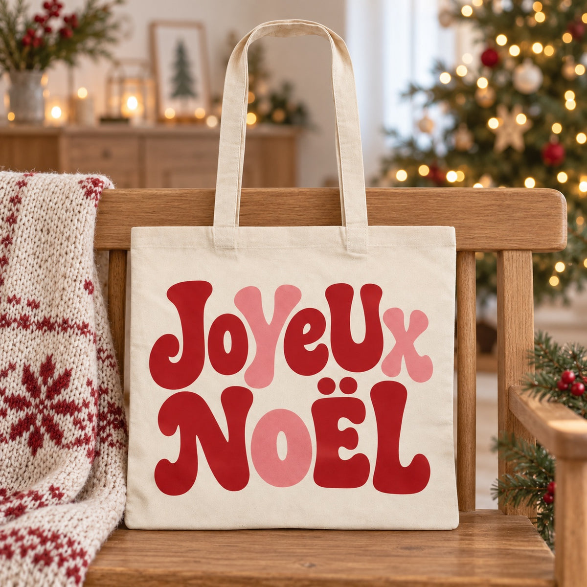 Tote bag de Noël « Joyeux Noël » Essentiel appuyé contre un banc près d'un plaid de Noël