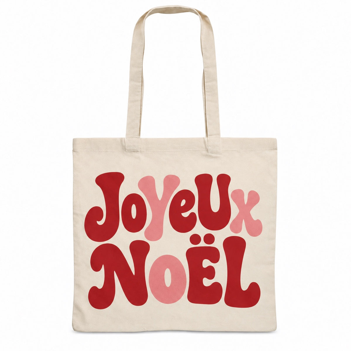 Tote bag de Noël « Joyeux Noël » Essentiel, sac plat en coton naturel 140 g/m² de 38 × 42 cm, grand lettrage rétro en rouge bordeaux et rose poudré