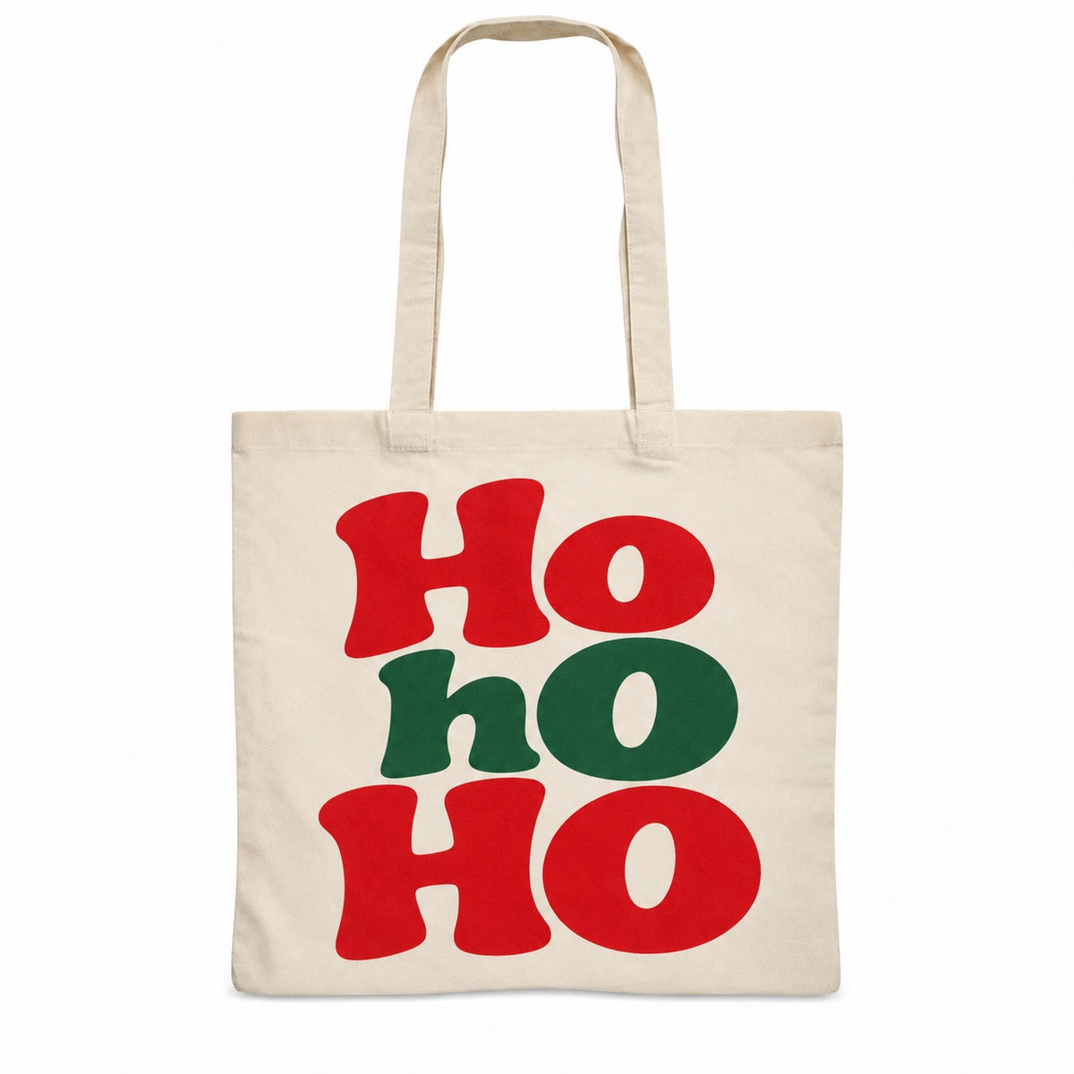 Tote bag de Noël « Ho ho ho » Essentiel, sac plat en coton naturel 140 g/m² de 38 × 42 cm, grand lettrage rétro en rouge et vert sapin