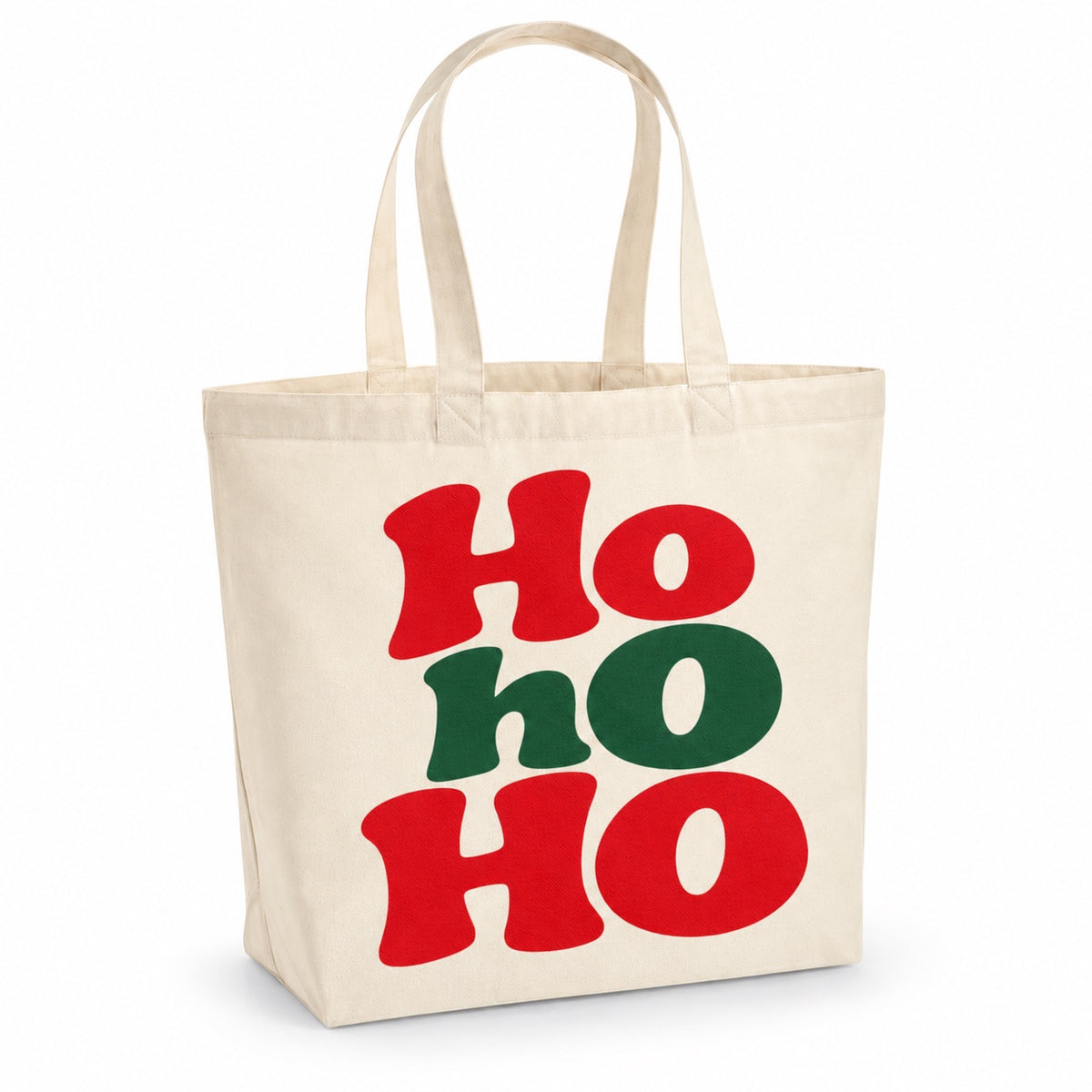 Tote bag de Noël « Ho ho ho » Premium, cabas à soufflet en coton naturel 200 g/m² de 18 litres, grand lettrage rétro en rouge et vert sapin