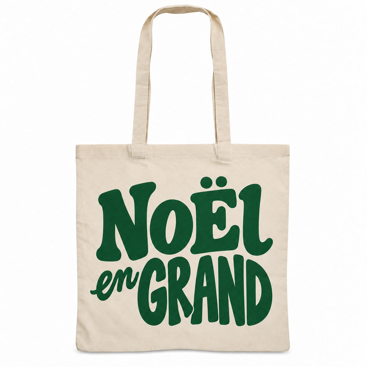 Tote bag de Noël « Noël en grand » Essentiel, sac plat en coton naturel 140 g/m² de 38 × 42 cm, grand lettrage rétro en vert sapin