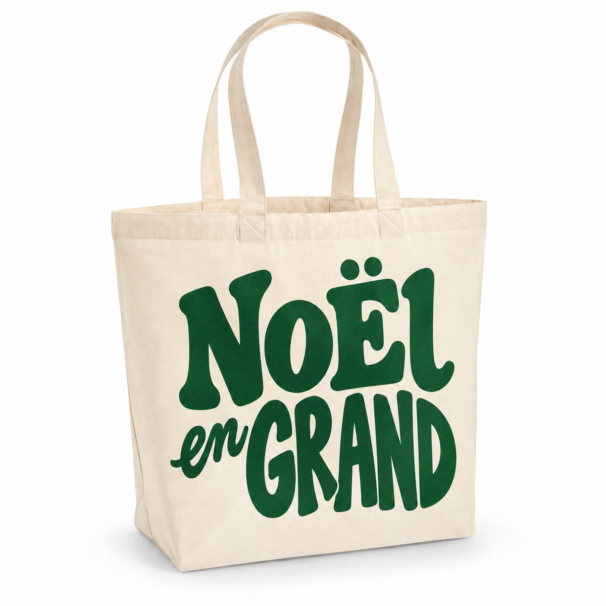 Tote bag de Noël « Noël en grand » Premium, cabas à soufflet en coton naturel 200 g/m² de 18 litres, grand lettrage rétro en vert sapin