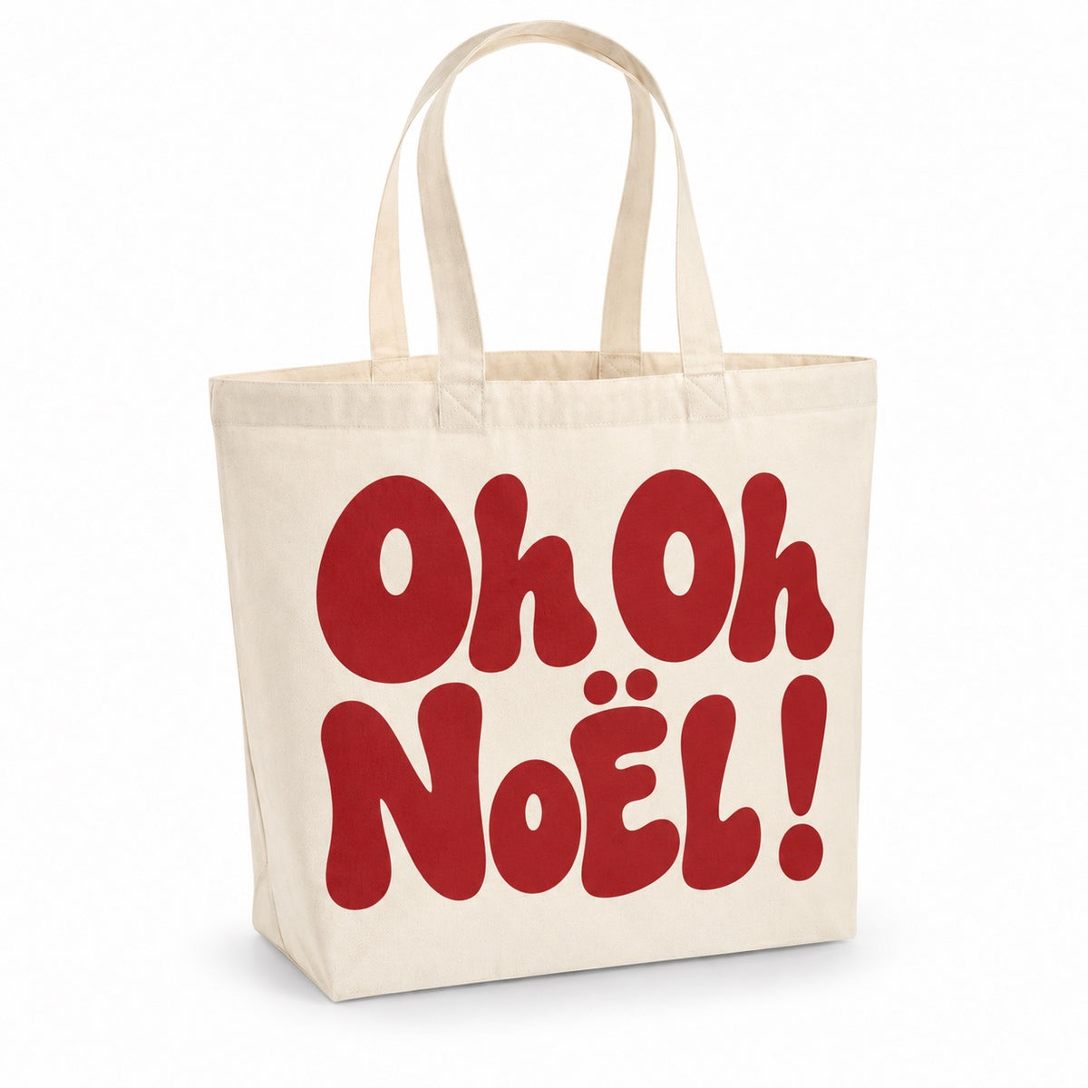 Tote bag de Noël « Oh oh Noël ! » Premium, cabas à soufflet en coton naturel 200 g/m² de 18 litres, grand lettrage rétro en bordeaux