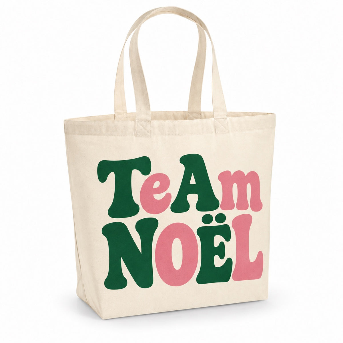 Tote bag de Noël « Team Noël » Premium, cabas à soufflet en coton naturel 200 g/m² de 18 litres, grand lettrage rétro en vert sapin et rose poudré
