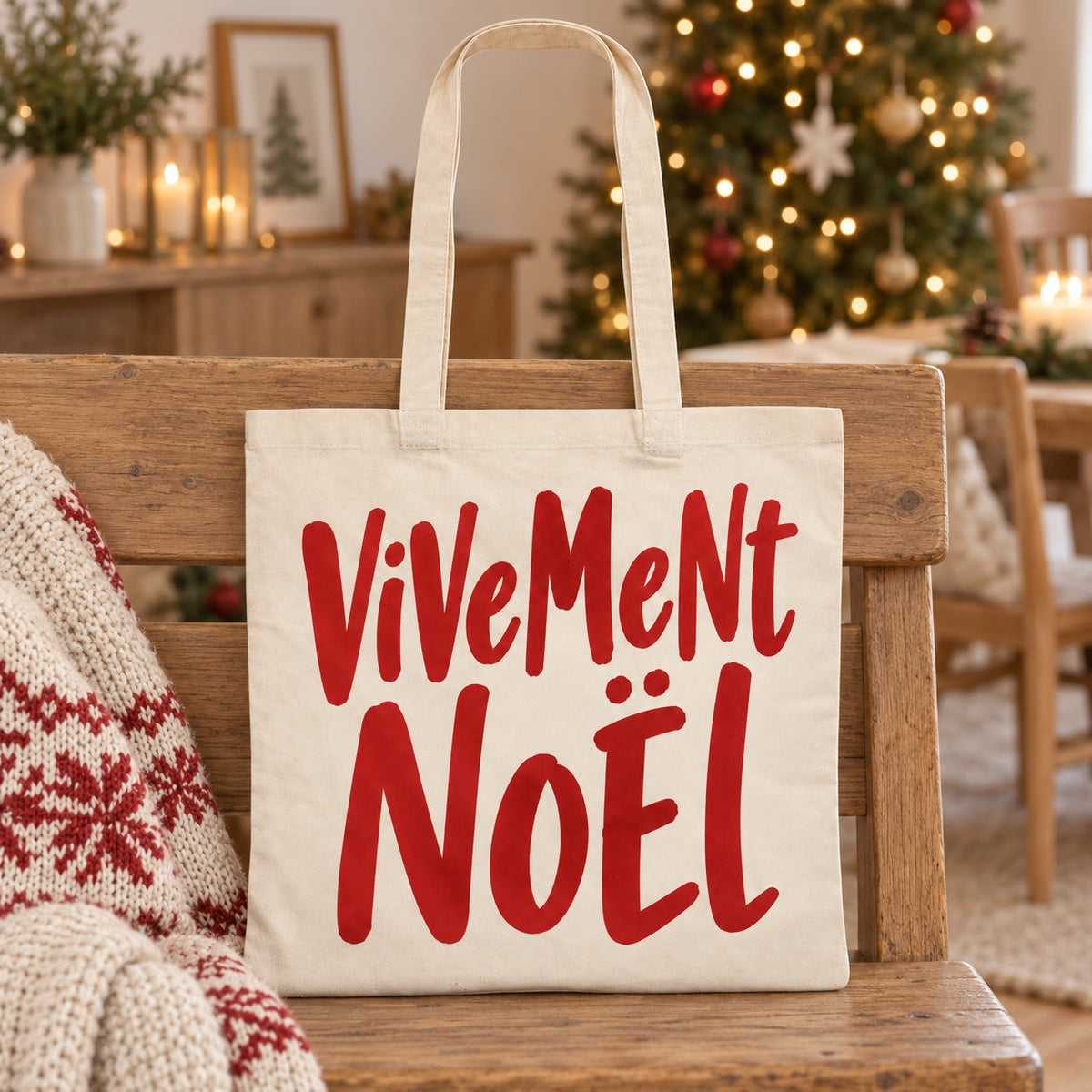 Tote bag de Noël « Vivement Noël » Essentiel appuyé contre un banc près d'un plaid de Noël