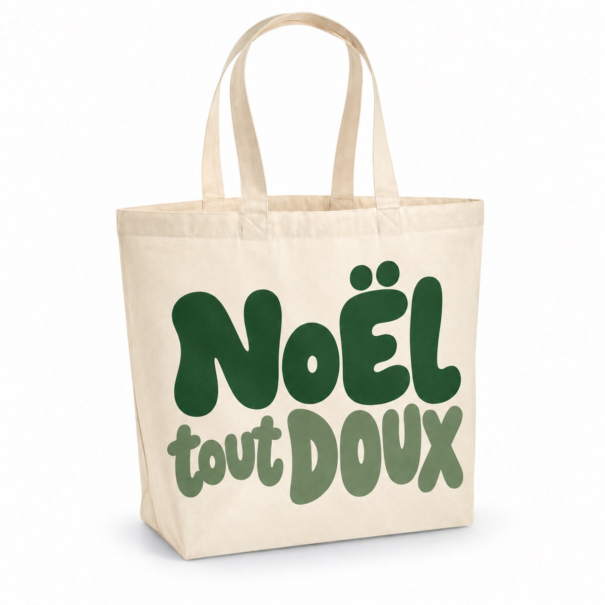 Tote bag de Noël « Noël tout doux » Premium, cabas à soufflet en coton naturel 200 g/m² de 18 litres, grand lettrage rétro en vert sapin et vert sauge