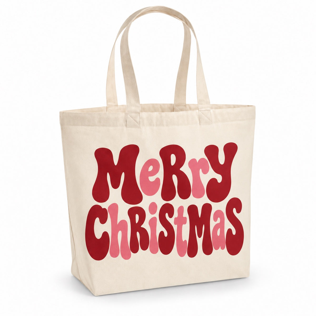 Tote bag de Noël « Merry Christmas » Premium, cabas à soufflet en coton naturel 200 g/m² de 18 litres, grand lettrage rétro en bordeaux et rose