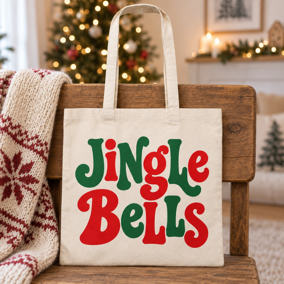 Tote bag de Noël « Jingle Bells » Essentiel appuyé contre un banc près d'un plaid de Noël