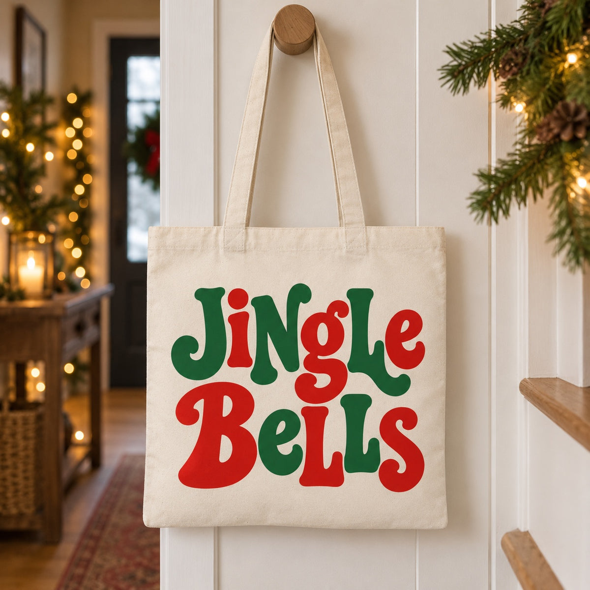 Tote bag de Noël « Jingle Bells » Essentiel suspendu à une patère dans une entrée décorée pour Noël