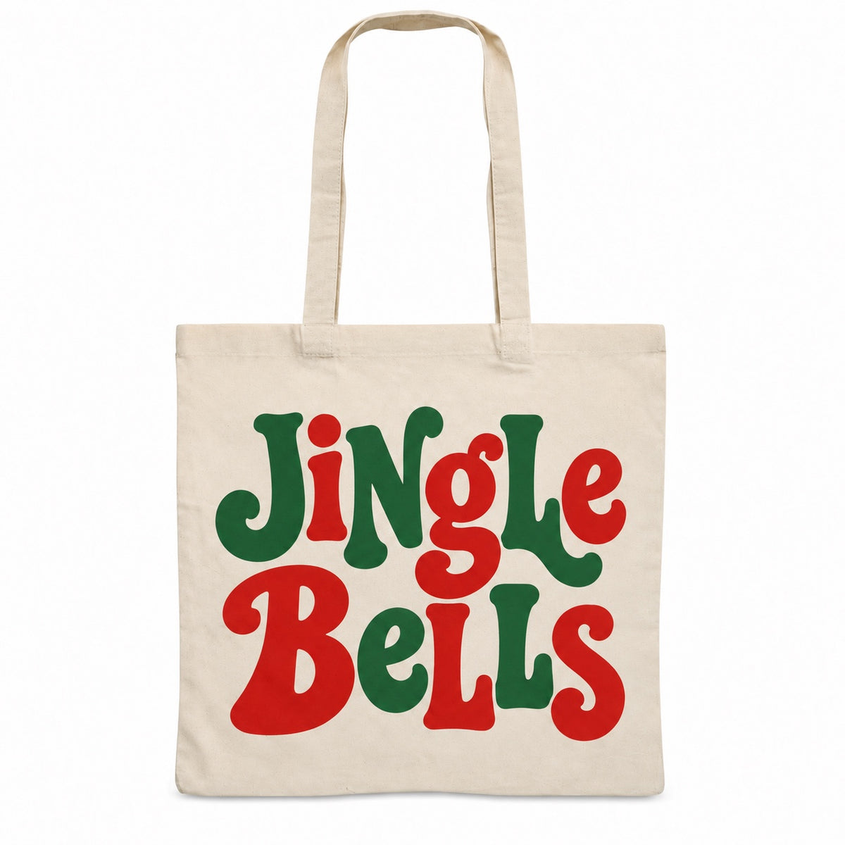 Tote bag de Noël « Jingle Bells » Essentiel, sac plat en coton naturel 140 g/m² de 38 × 42 cm, grand lettrage rétro en vert sapin et rouge