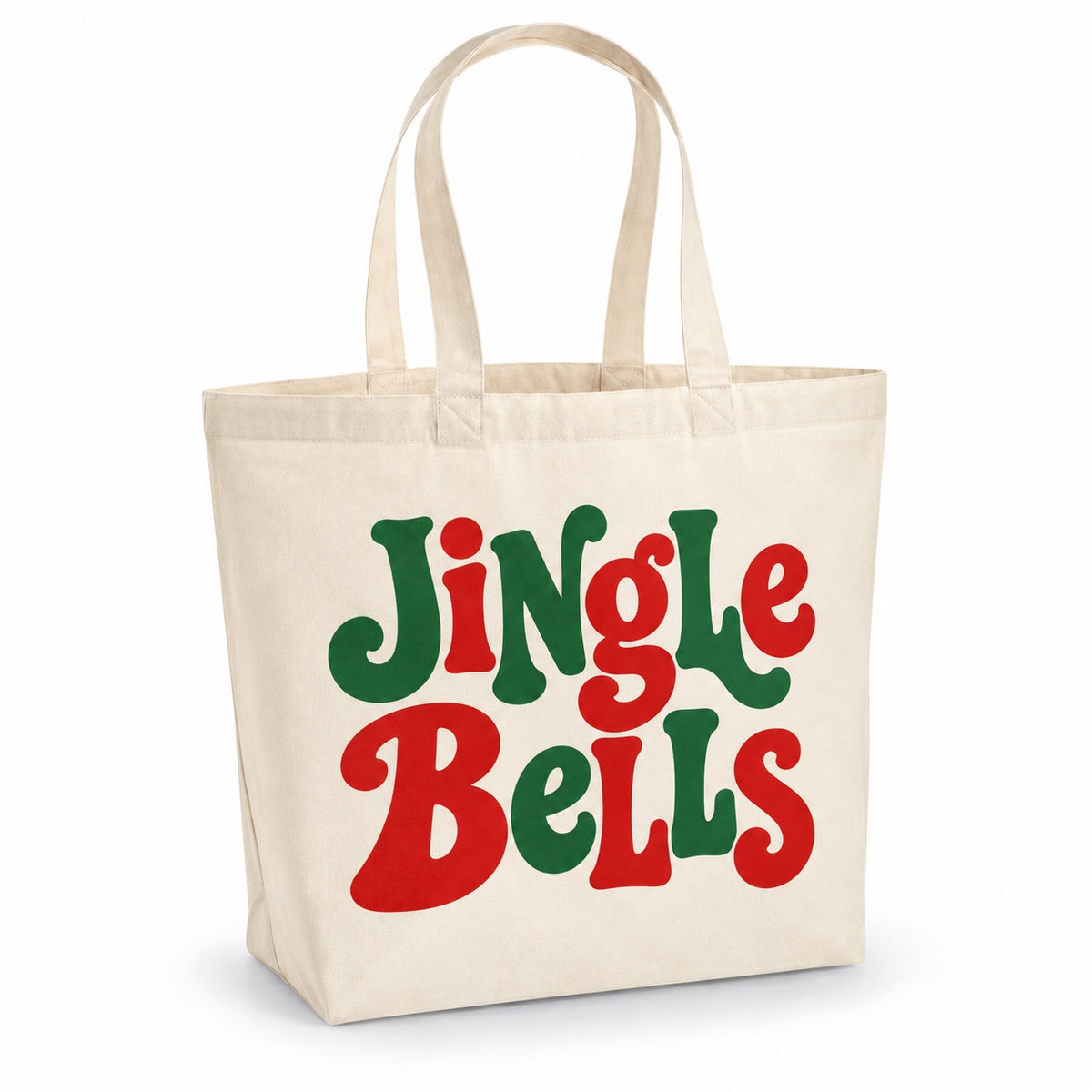 Tote bag de Noël « Jingle Bells » Premium, cabas à soufflet en coton naturel 200 g/m² de 18 litres, grand lettrage rétro en vert sapin et rouge