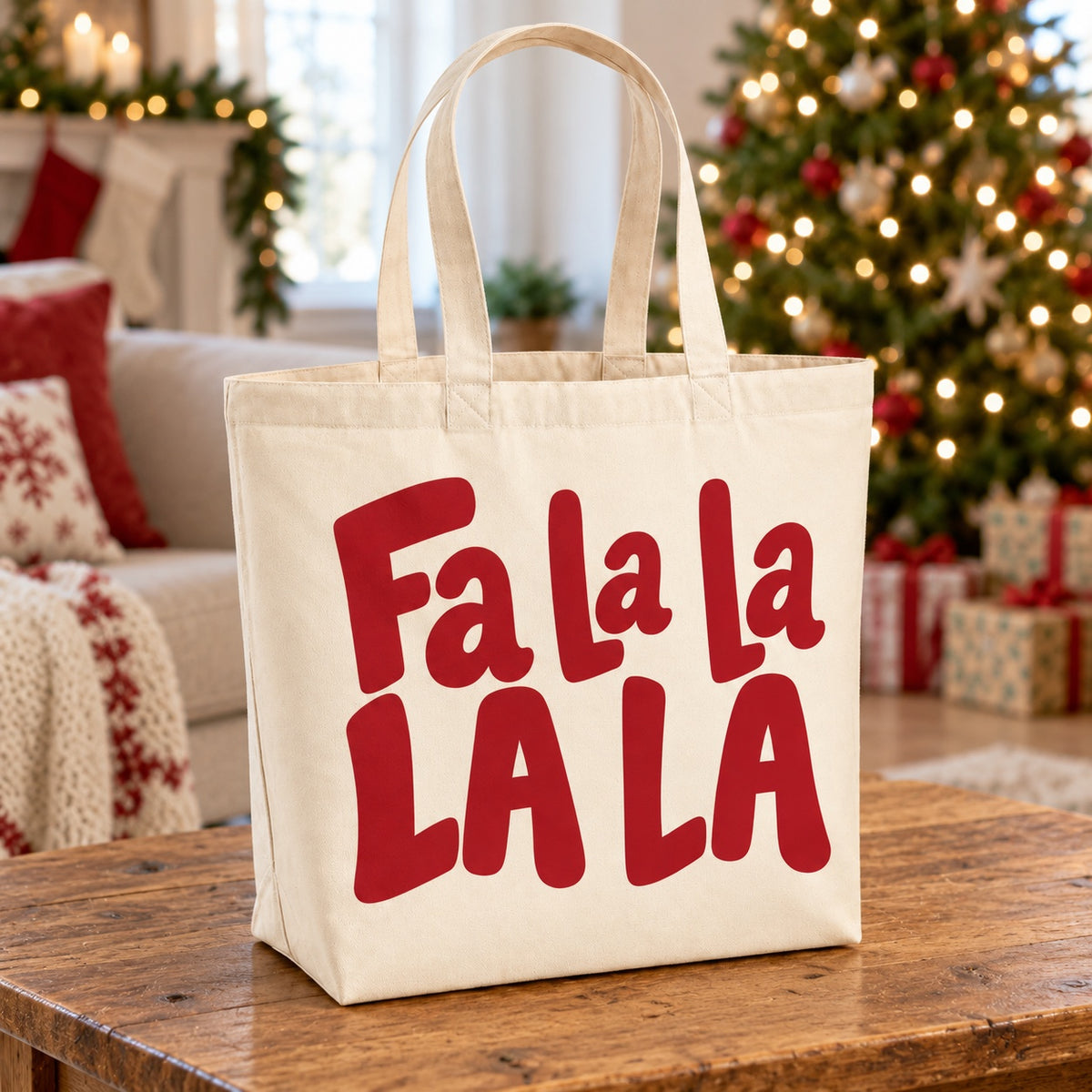 Tote bag de Noël « Fa la la la la » Premium posé sur une table de salon devant le sapin