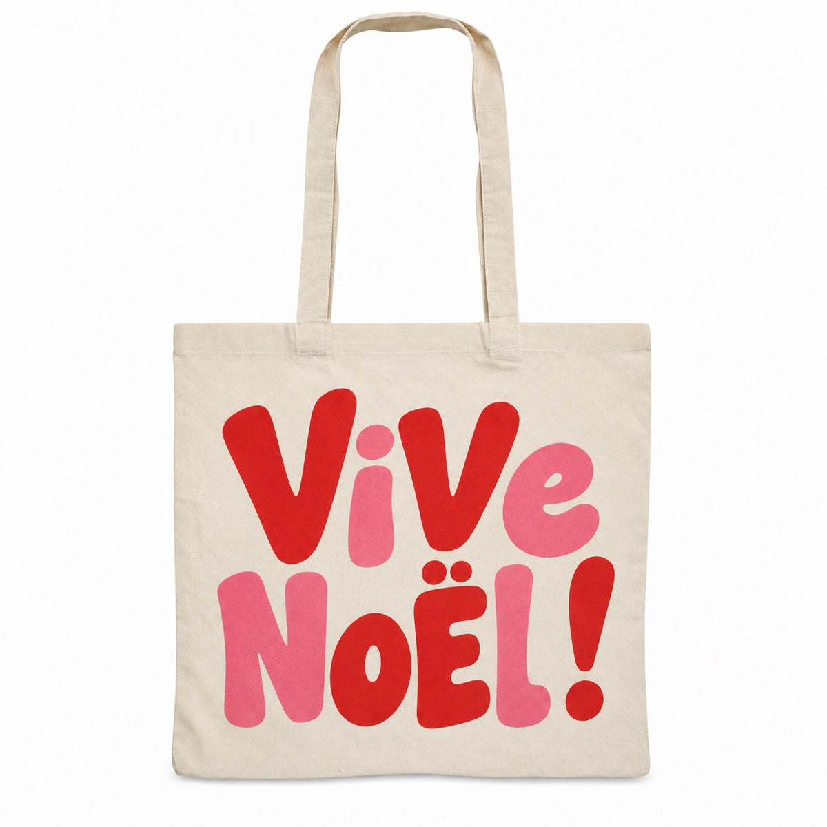 Tote bag de Noël « Vive Noël ! » Essentiel, sac plat en coton naturel 140 g/m² de 38 × 42 cm, grand lettrage rétro en rouge et rose