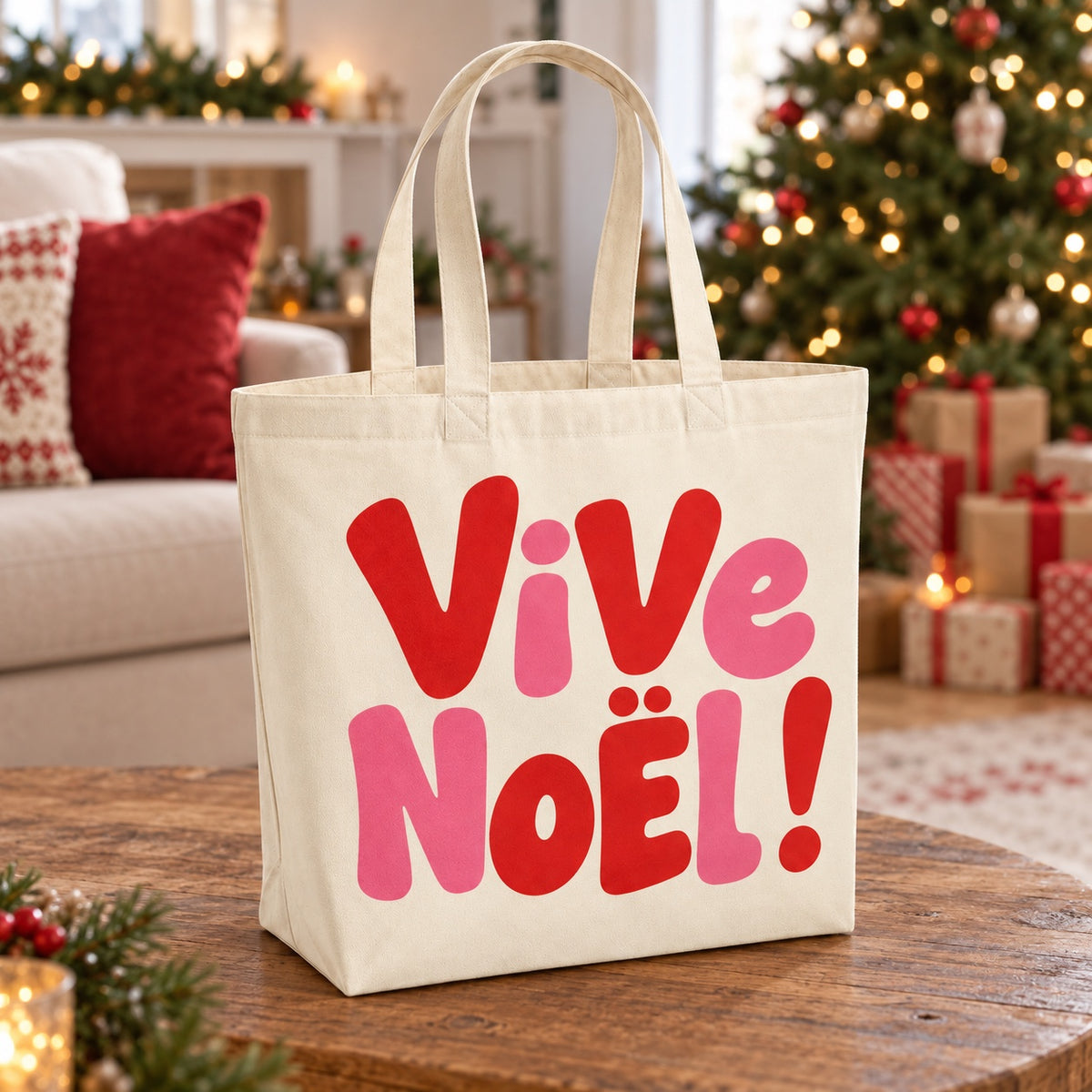 Tote bag de Noël « Vive Noël ! » Premium posé sur une table de salon devant le sapin