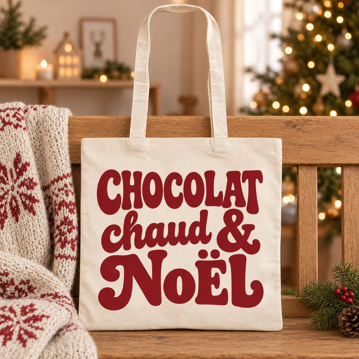 Tote bag de Noël « Chocolat chaud & Noël » Essentiel appuyé contre un banc près d'un plaid de Noël