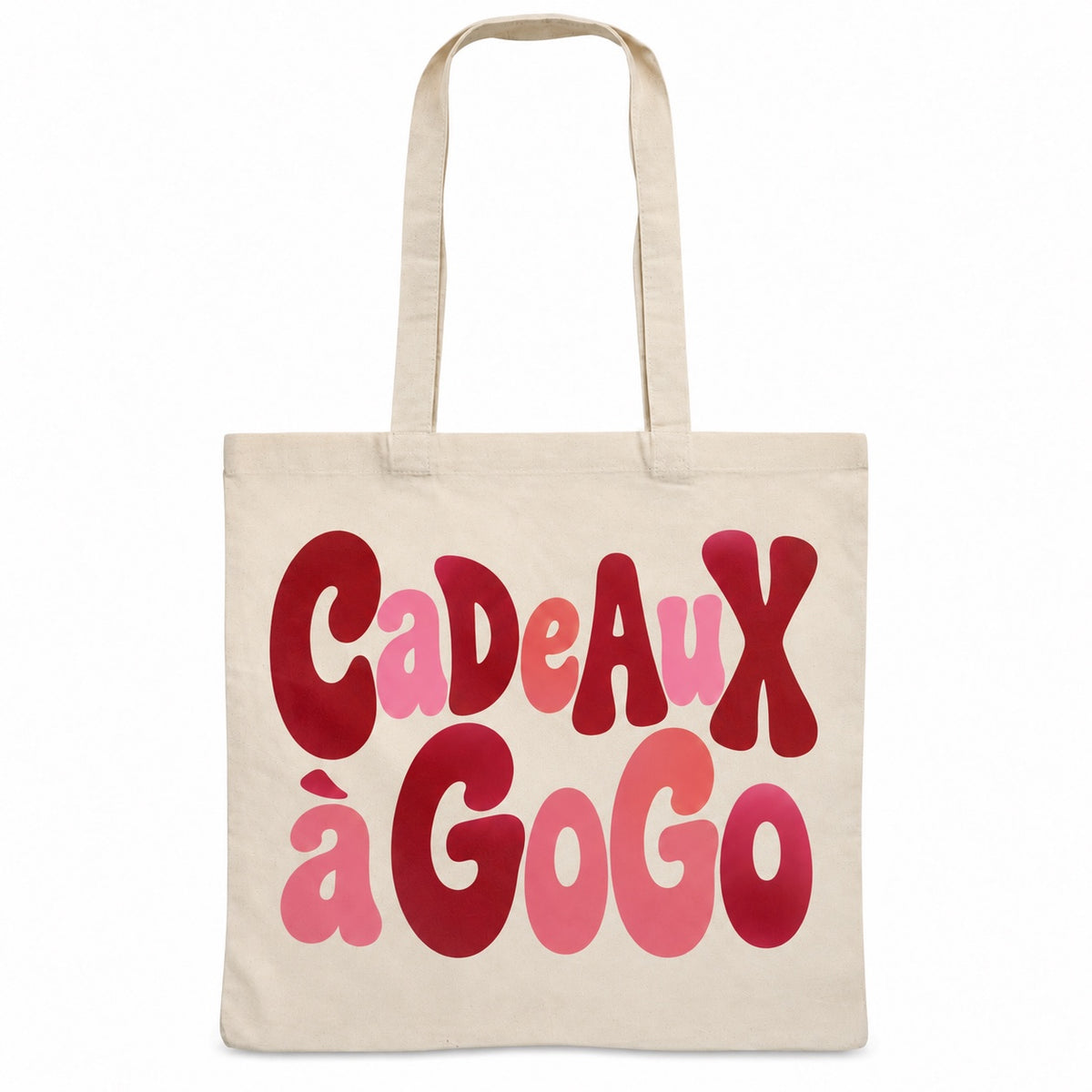 Tote bag de Noël « Cadeaux à gogo » Essentiel, sac plat en coton naturel 140 g/m² de 38 × 42 cm, grand lettrage rétro en bordeaux et rose