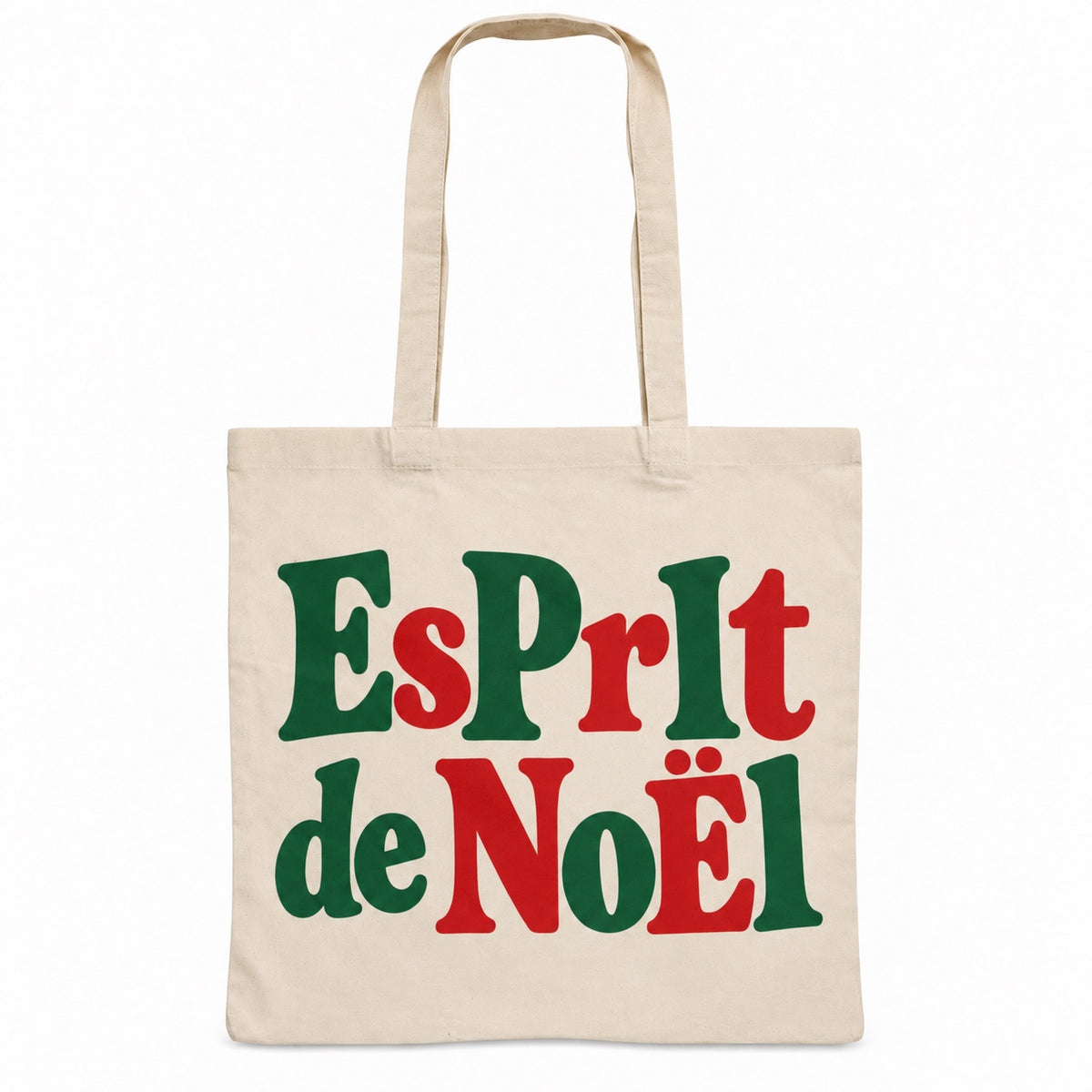 Tote bag de Noël « Esprit de Noël » Essentiel, sac plat en coton naturel 140 g/m² de 38 × 42 cm, grand lettrage rétro en vert sapin et rouge