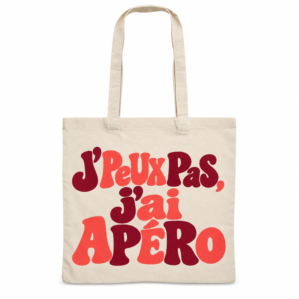 Tote bag « J'peux pas, j'ai apéro » Essentiel, sac plat en coton naturel 140 g/m² de 38 × 42 cm, grand lettrage rétro en bordeaux et corail