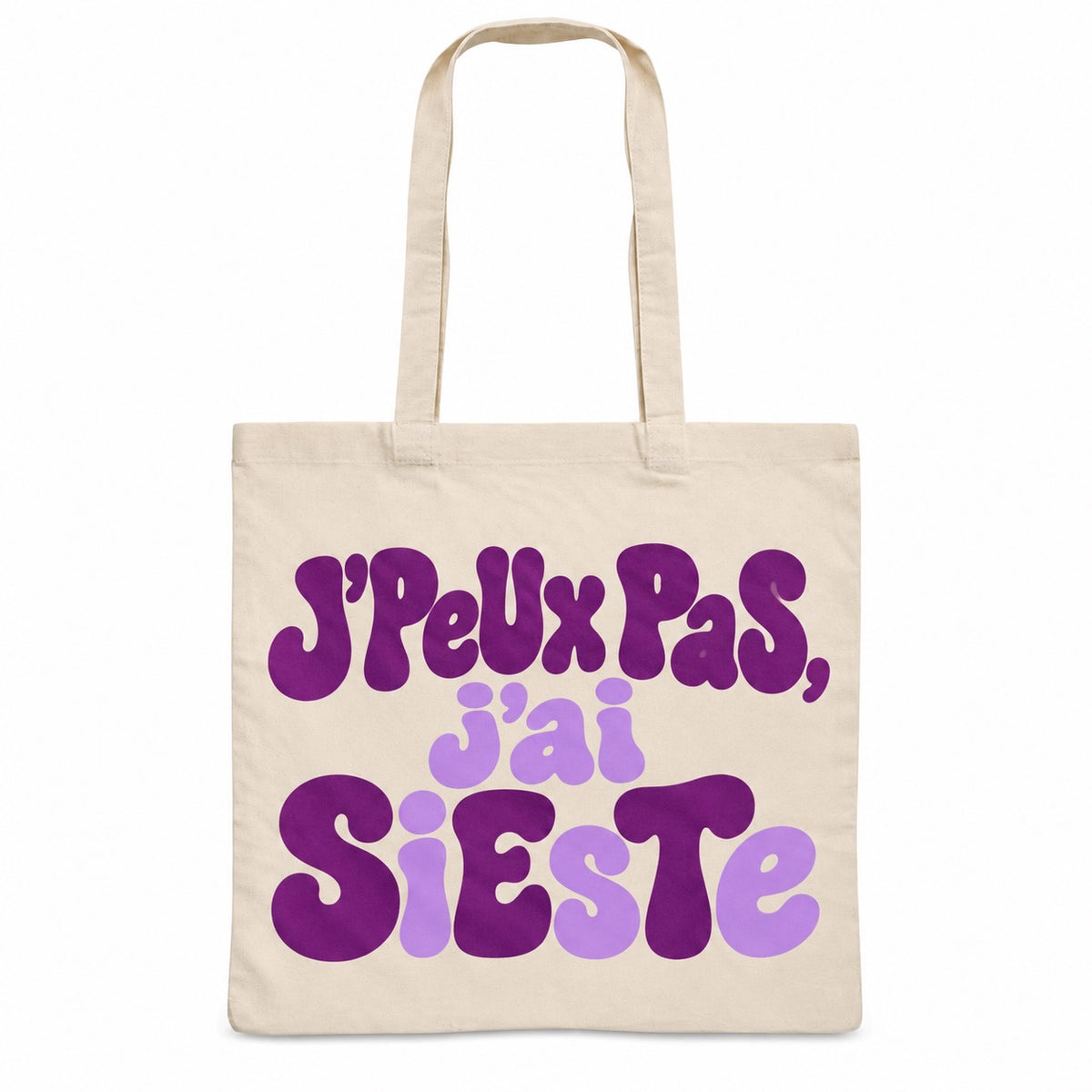 Tote bag « J'peux pas, j'ai sieste » Essentiel, sac plat en coton naturel 140 g/m² de 38 × 42 cm, grand lettrage rétro en violet prune et lavande