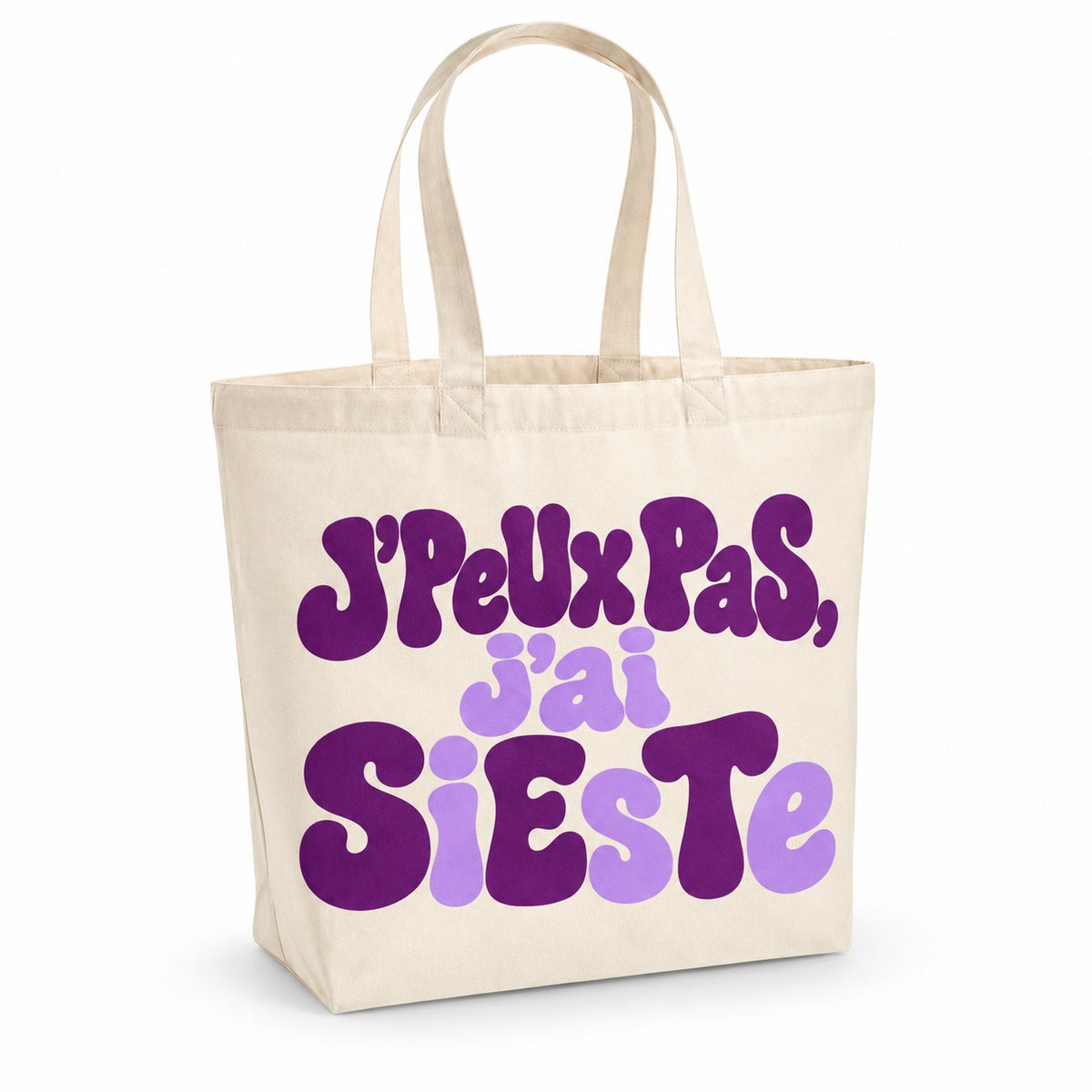 Tote bag « J'peux pas, j'ai sieste » Premium, cabas à soufflet en coton naturel 200 g/m² de 18 litres, grand lettrage rétro en violet prune et lavande
