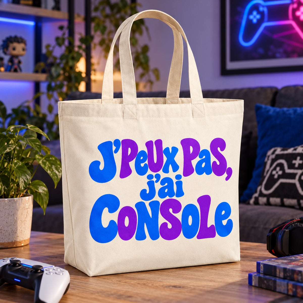 Tote bag « J'peux pas, j'ai console » Premium posé sur une table basse à côté d'une manette de jeu