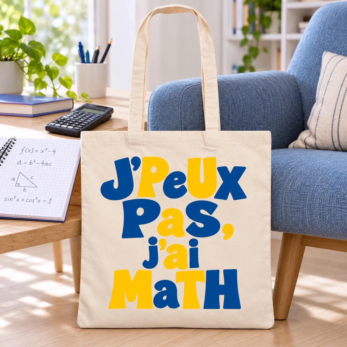 Tote bag « J'peux pas, j'ai math » Essentiel appuyé contre un fauteuil près d'une calculatrice