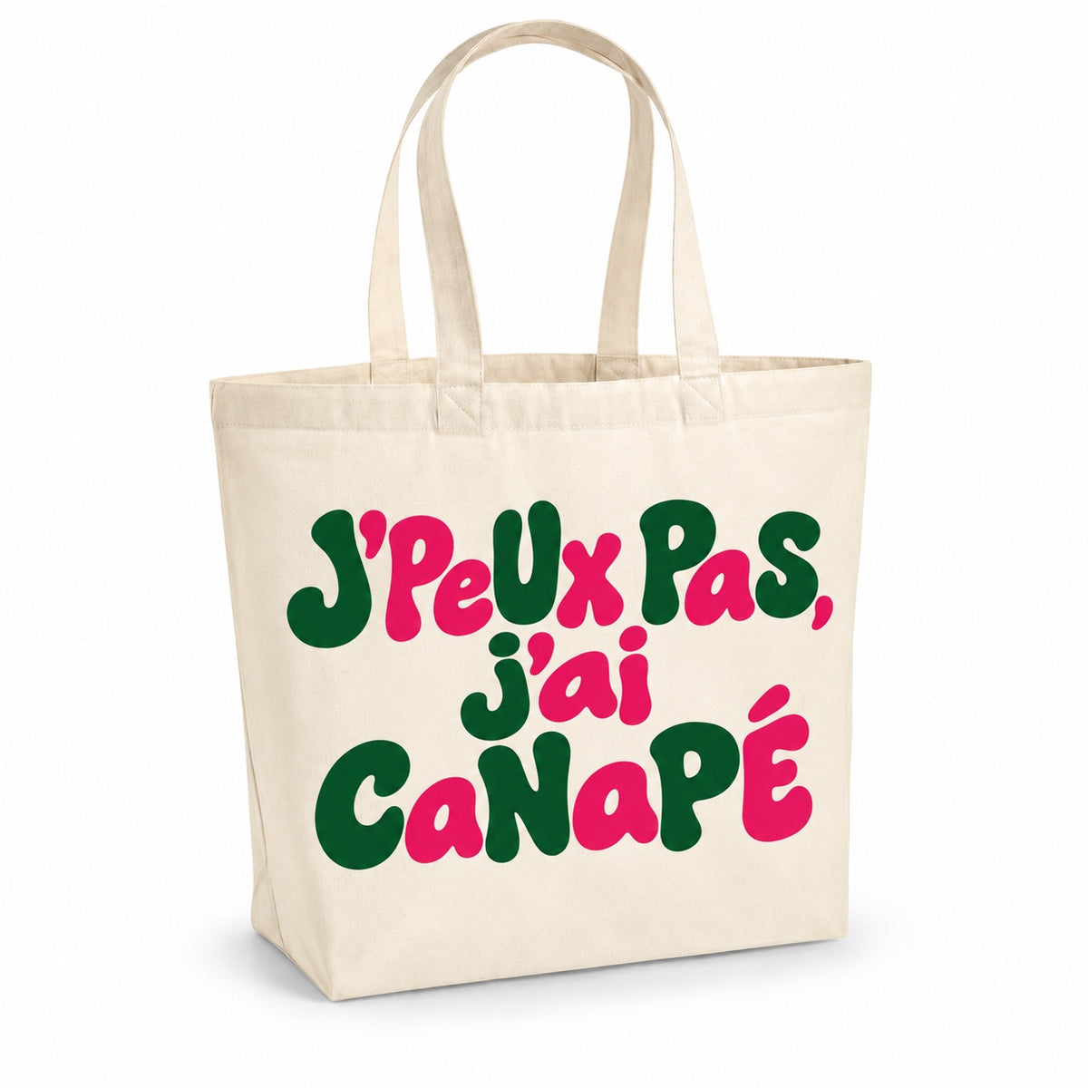 Tote bag « J'peux pas, j'ai canapé » Premium, cabas à soufflet en coton naturel 200 g/m² de 18 litres, grand lettrage rétro en vert forêt et rose framboise