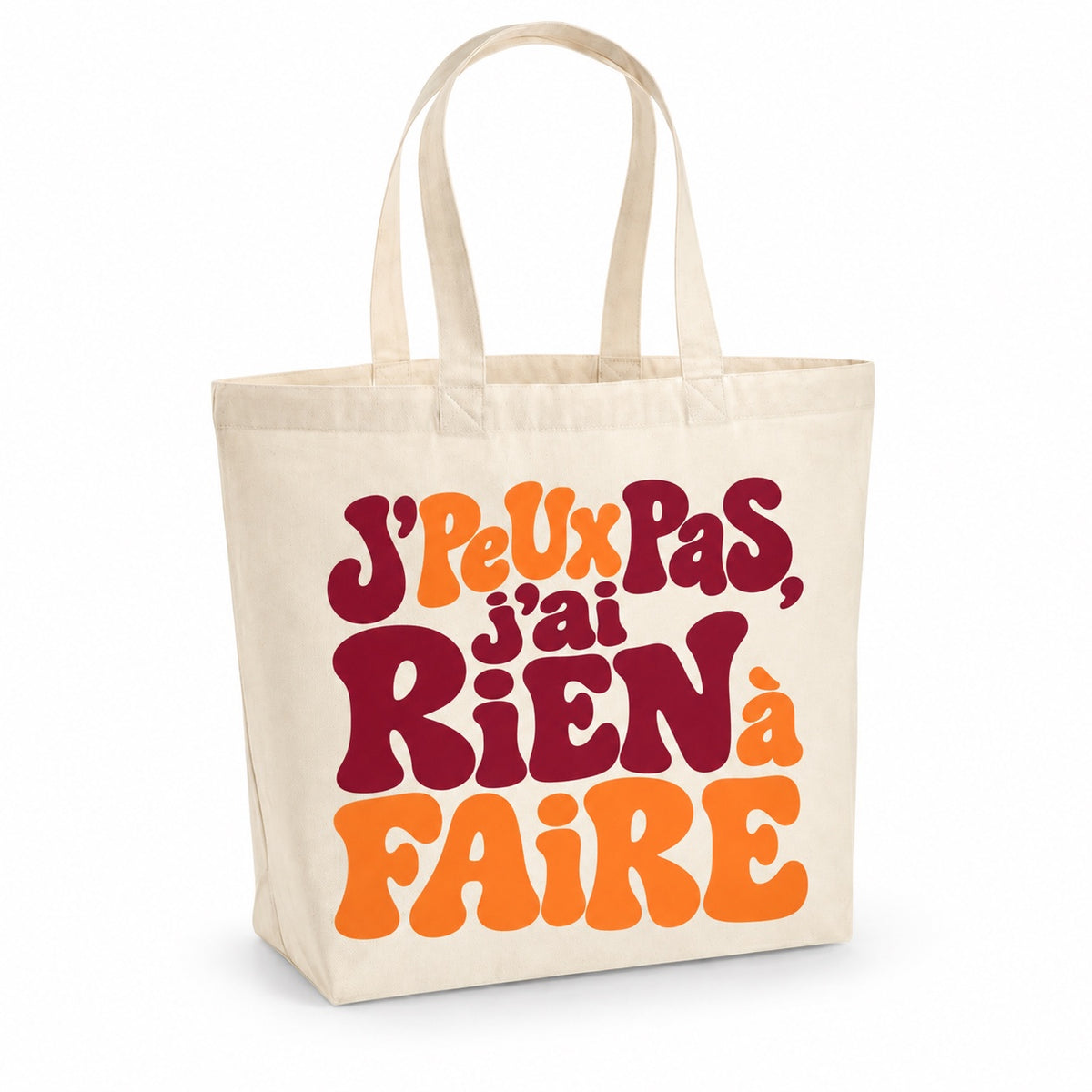 Tote bag « J'peux pas, j'ai rien à faire » Premium, cabas à soufflet en coton naturel 200 g/m² de 18 litres, grand lettrage rétro en bordeaux et orange abricot