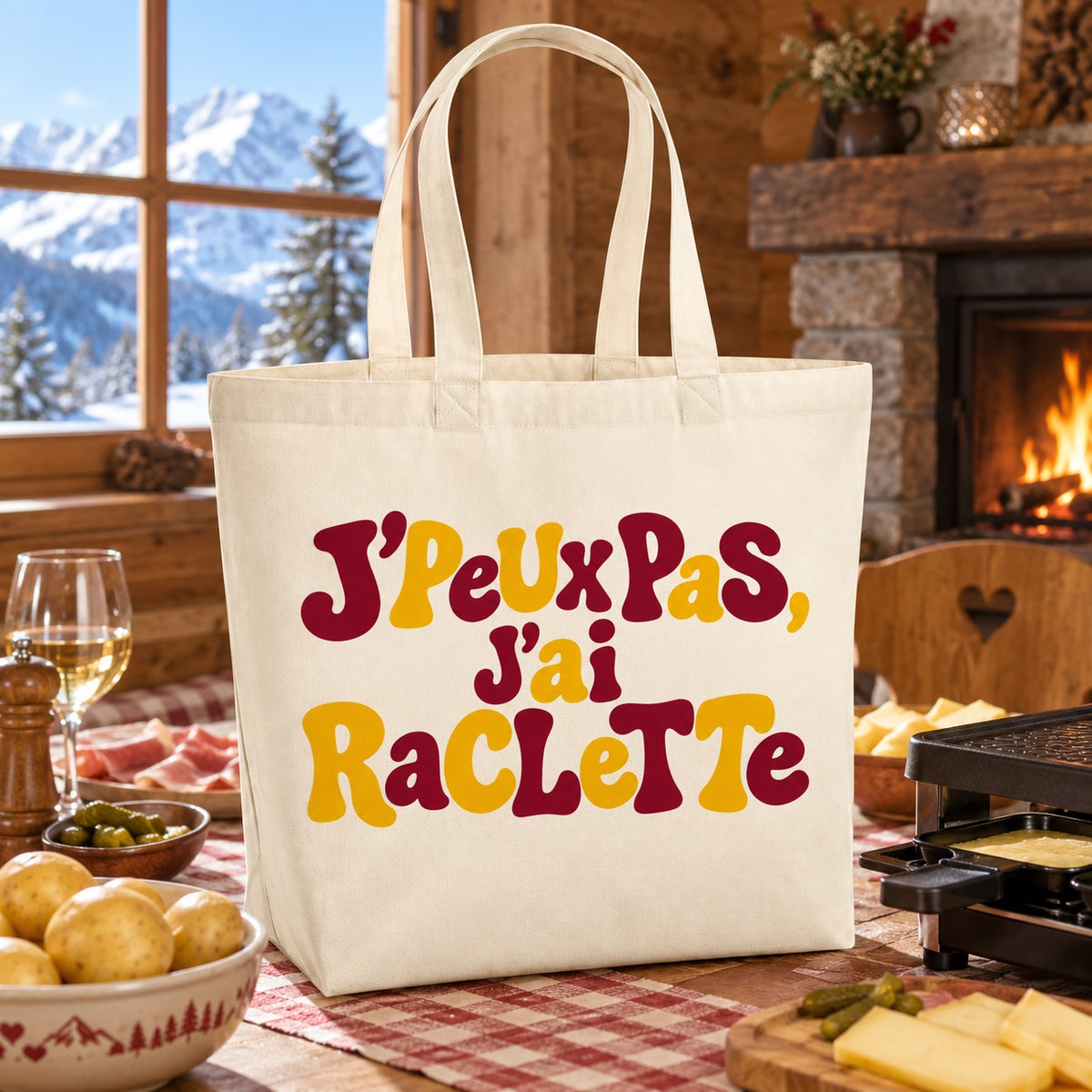 Tote bag « J'peux pas, j'ai raclette » Premium posé sur une table de chalet entre l'appareil à raclette et la charcuterie