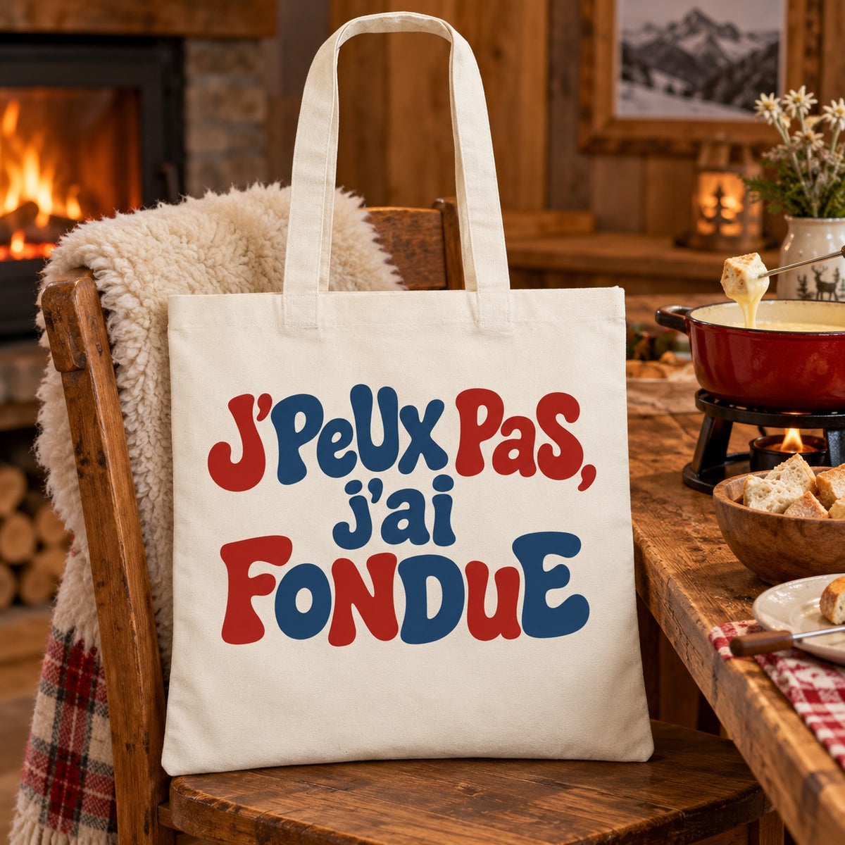 Tote bag « J'peux pas, j'ai fondue » Essentiel appuyé contre une chaise près de la cheminée