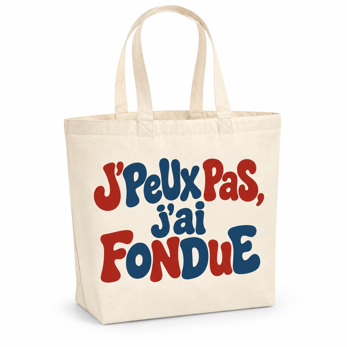 Tote bag « J'peux pas, j'ai fondue » Premium, cabas à soufflet en coton naturel 200 g/m² de 18 litres, grand lettrage rétro en rouge brique et bleu ardoise