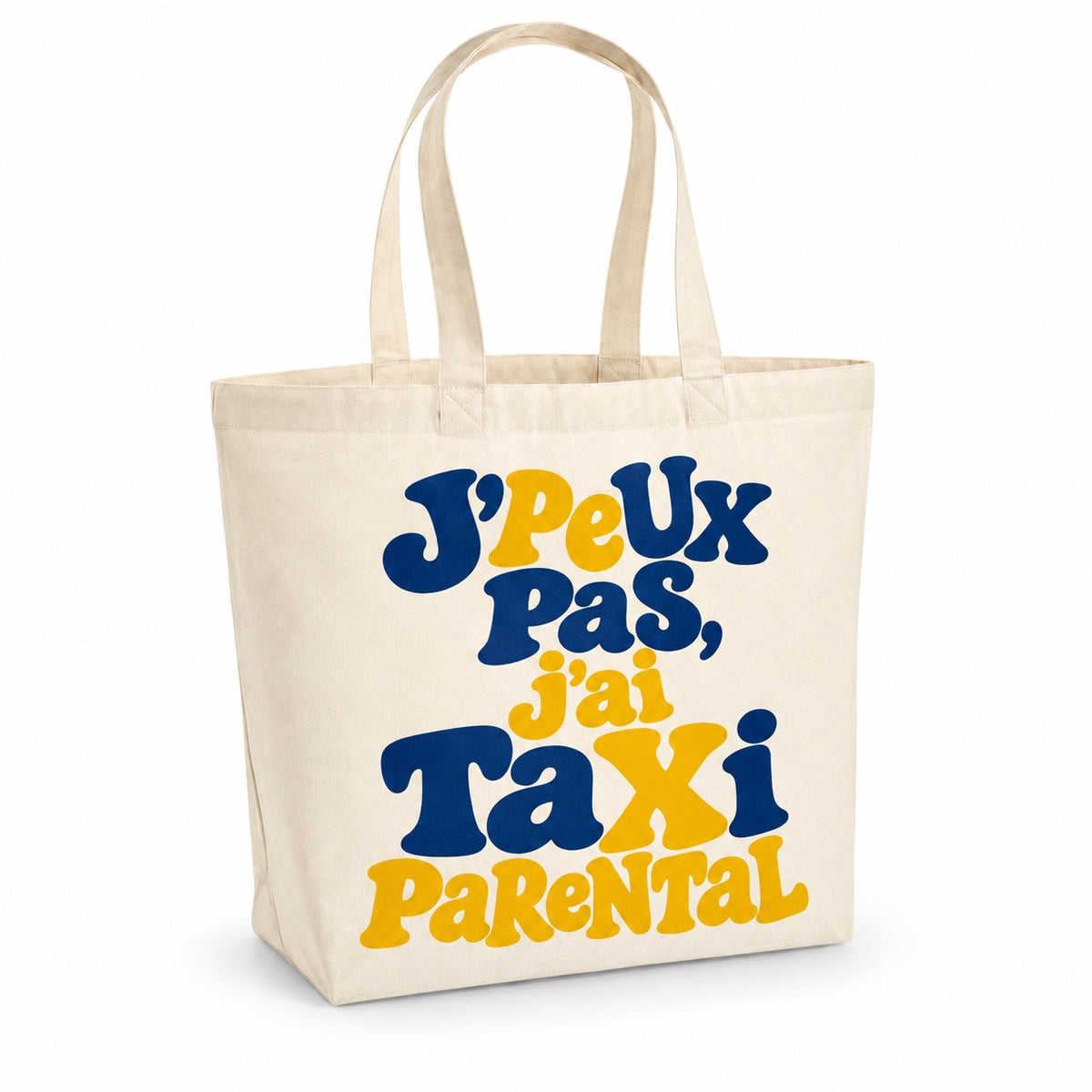 Tote bag « J'peux pas, j'ai taxi parental » Premium, cabas à soufflet en coton naturel 200 g/m² de 18 litres, grand lettrage rétro en bleu marine et jaune moutarde