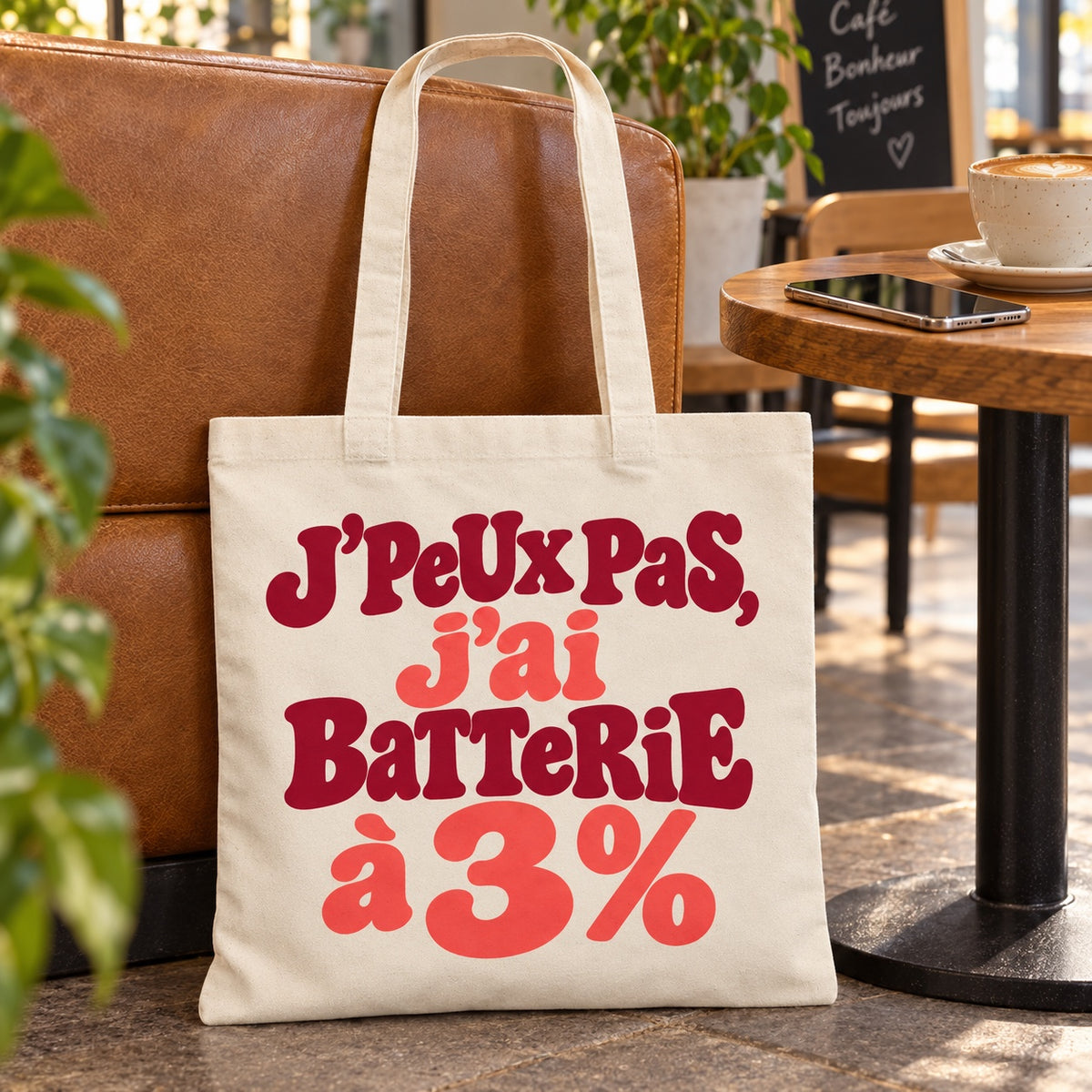 Tote bag « J'peux pas, j'ai batterie à 3 % » Essentiel appuyé contre une banquette de café en cuir