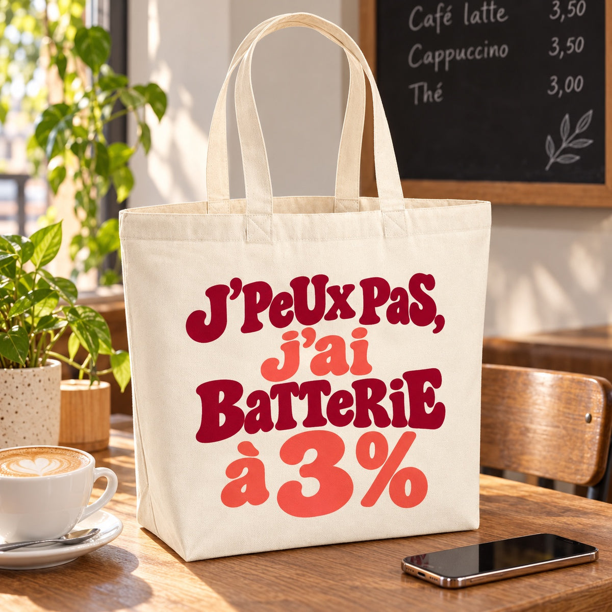 Tote bag « J'peux pas, j'ai batterie à 3 % » Premium posé sur une table de café près d'un cappuccino et d'un smartphone