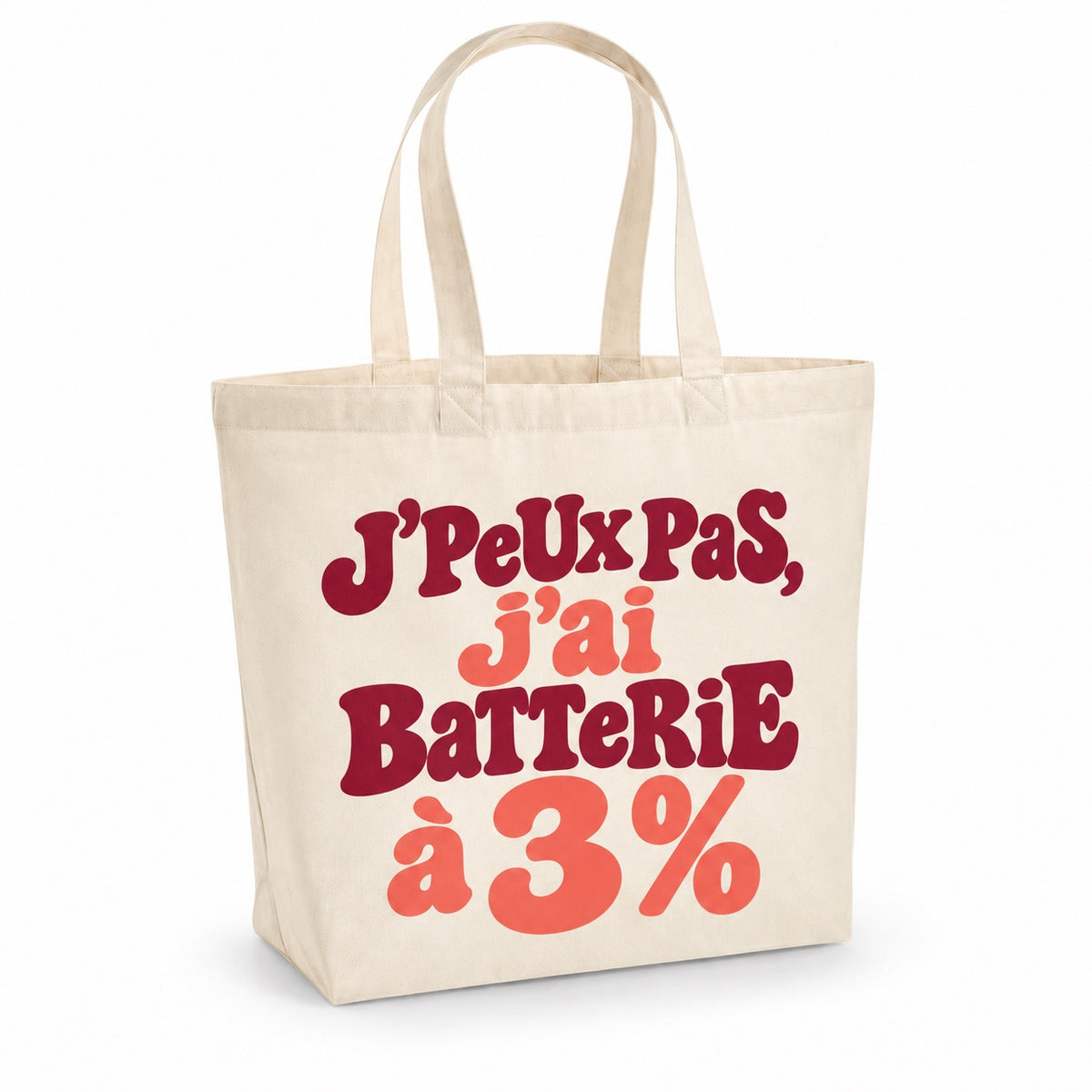 Tote bag « J'peux pas, j'ai batterie à 3 % » Premium, cabas à soufflet en coton naturel 200 g/m² de 18 litres, grand lettrage rétro en bordeaux et corail