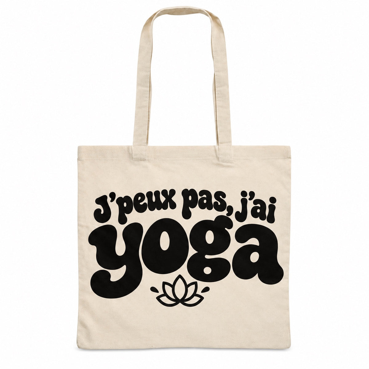Tote bag « J'peux pas, j'ai yoga » Essentiel, sac plat en coton naturel 140 g/m² de 38 × 42 cm, grand lettrage rétro noir et petit dessin au trait : une fleur de lotus