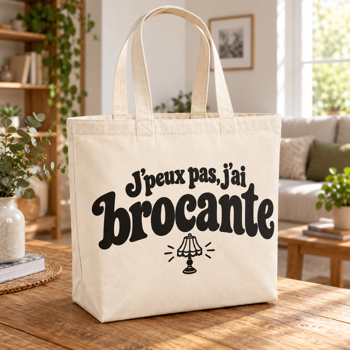 Tote bag « J'peux pas, j'ai brocante » Premium posé sur une table en bois dans un salon lumineux