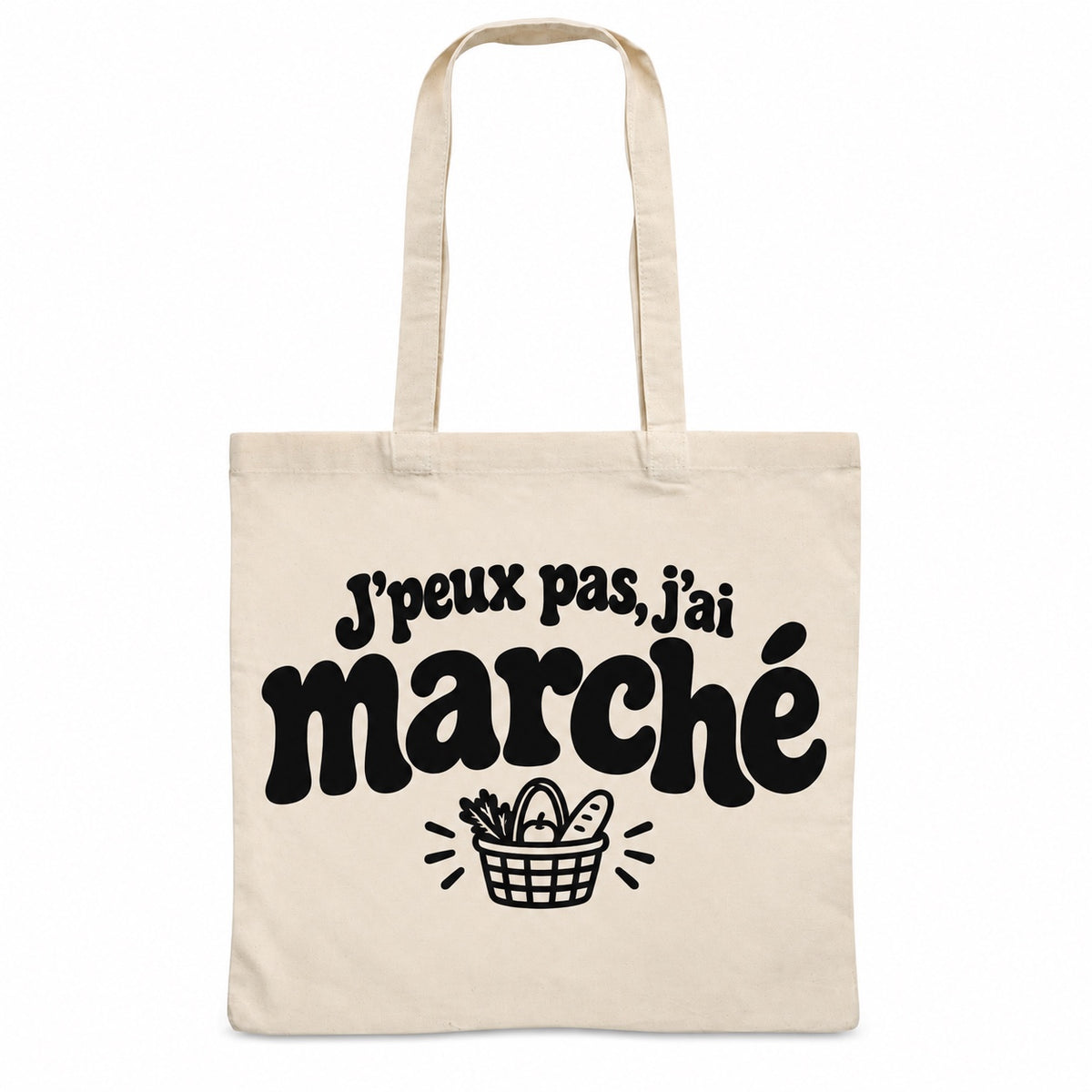 Tote bag « J'peux pas, j'ai marché » Essentiel, sac plat en coton naturel 140 g/m² de 38 × 42 cm, grand lettrage rétro noir et petit dessin au trait : un panier de marché