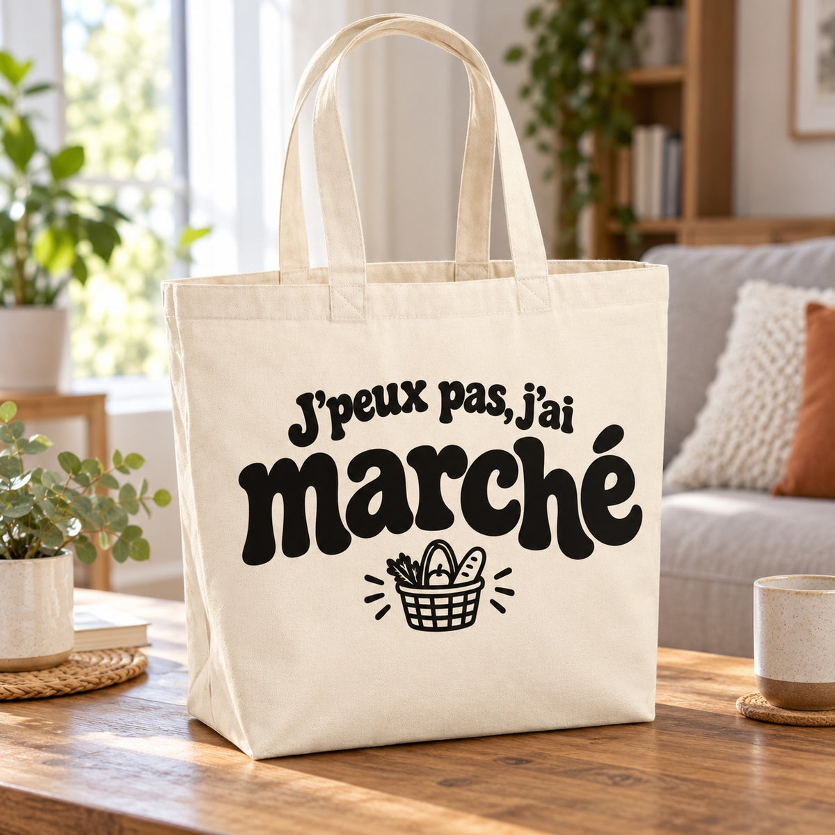 Tote bag « J'peux pas, j'ai marché » Premium posé sur une table en bois dans un salon lumineux