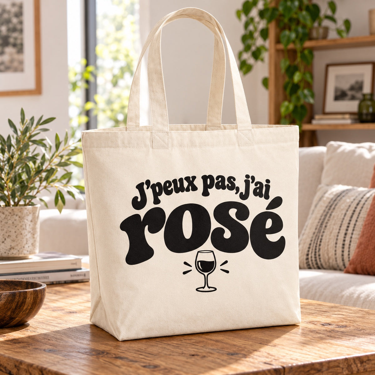 Tote bag « J'peux pas, j'ai rosé » Premium posé sur une table en bois dans un salon lumineux