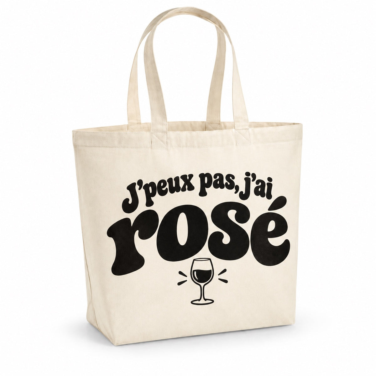 Tote bag « J'peux pas, j'ai rosé » Premium, cabas à soufflet en coton naturel 200 g/m² de 18 litres, grand lettrage rétro noir et petit dessin au trait : un verre à pied