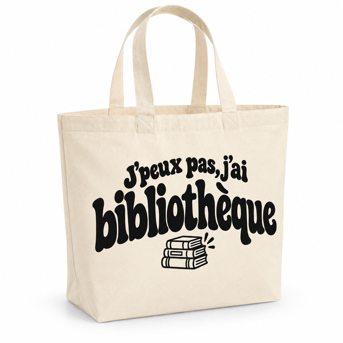 Tote bag « J'peux pas, j'ai bibliothèque » Premium, cabas à soufflet en coton naturel 200 g/m² de 18 litres, grand lettrage rétro noir et petit dessin au trait : une pile de trois livres